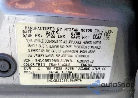 2005 Nissan Sentra 1.8 z USA, uszkodzony, nr VIN 3N1CB51D85L563476